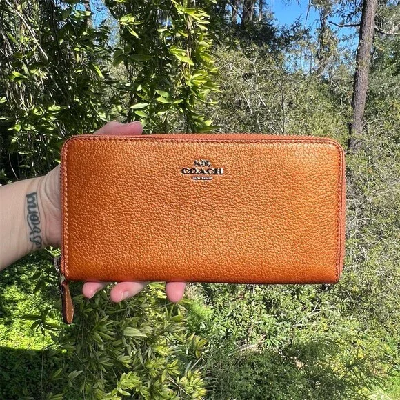 COACH Long Zip-Around Orange Papaya Pebble Leather Wallet w Silver Hardware - Picture 1 of 9